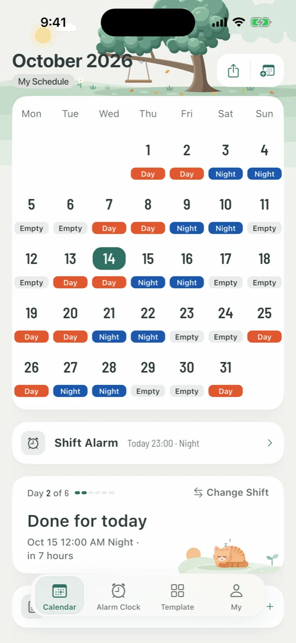 Shift home screen in the Forest theme: a month of shifts, with the next shift alarm set for tonight at 23:00
